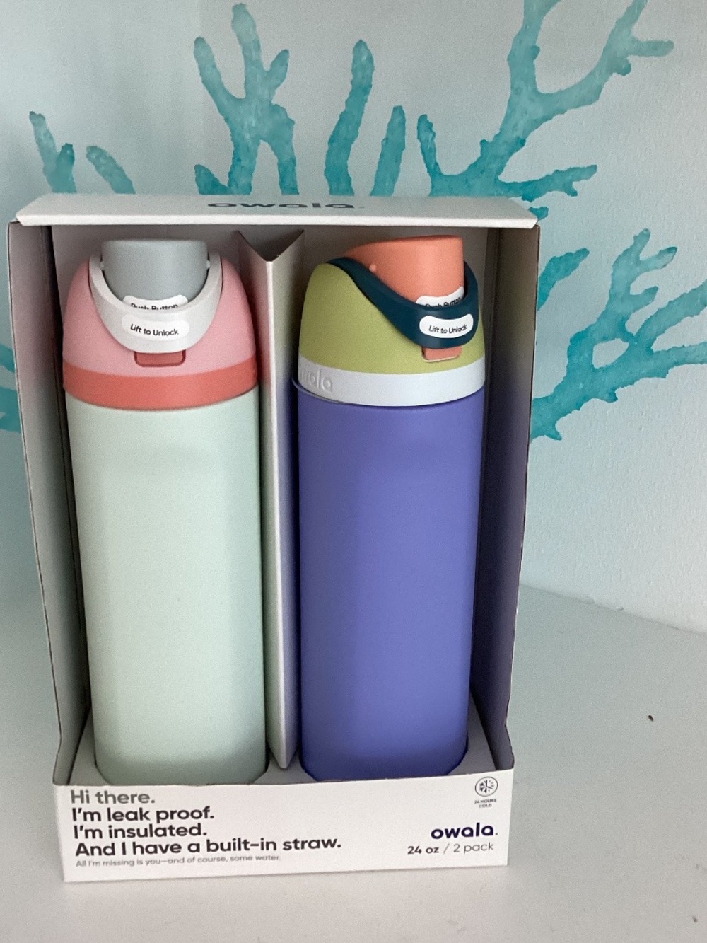 NEW Set of 2 OWALA 24oz stainless steel purple and sage color Water Bottles